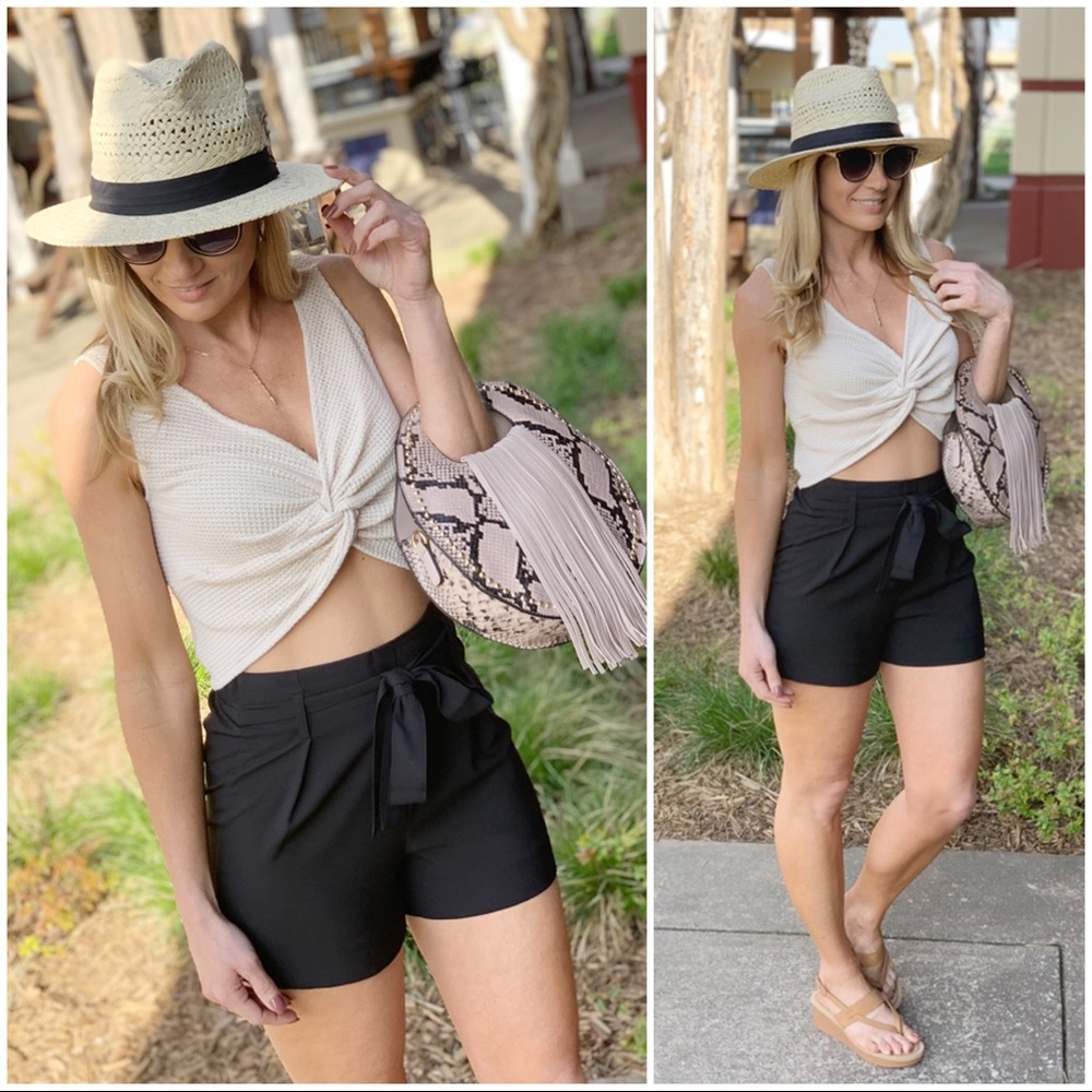 Waffle Knit Twist Front Cropped Top